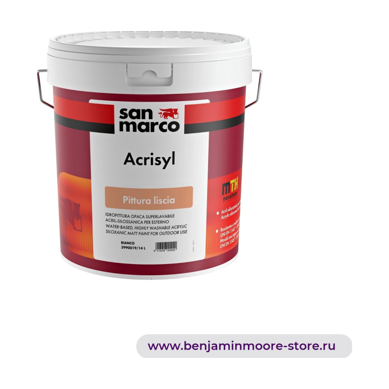 San Marco Acrisyl Pittura Liscia супермоющаяся акрил-силоксановая матовая краска на водной основе для наружных работ противоплесневая — фото | www.benjaminmoore-store.ru