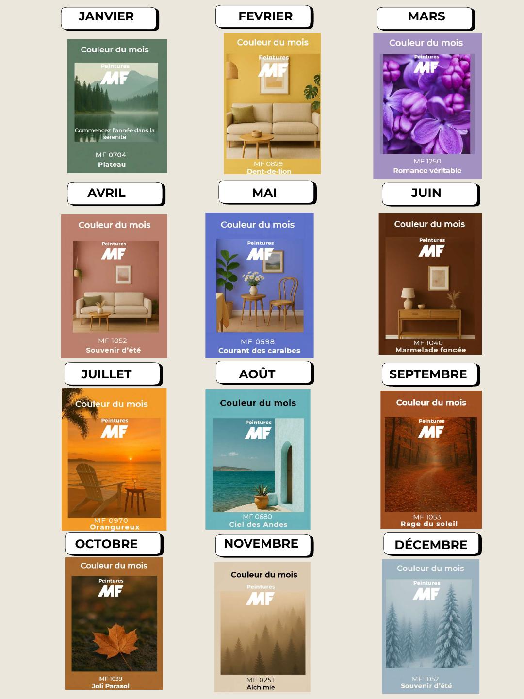 Couleurs du mois 2026 — брошюра MF Paints